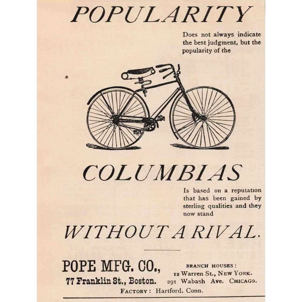 1891 Columbia Bicycle Advertisement Print Pope Manufacturing Co Without a‎ Rival